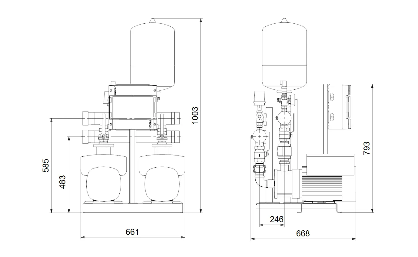 Druckerhöhungsanlage von Grundfos mit zwei Pumpen, Steuerungseinheit und Ausdehnungsgefäß, dargestellt in technischen Zeichnungen mit genauen Maßen.